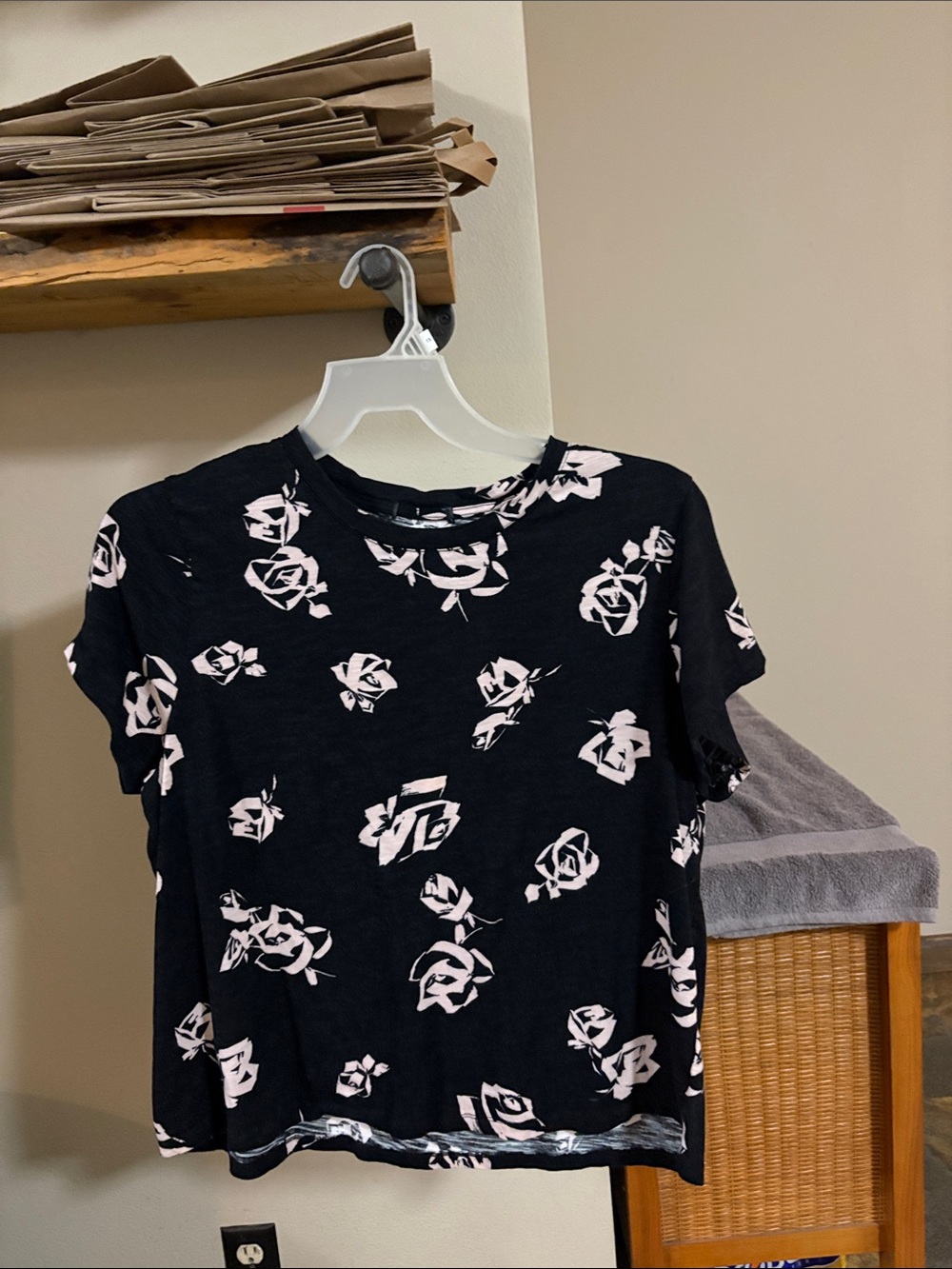 Black Floral Short Sleeve Tee with Pale Pink Rose Print - Women's Casual Top